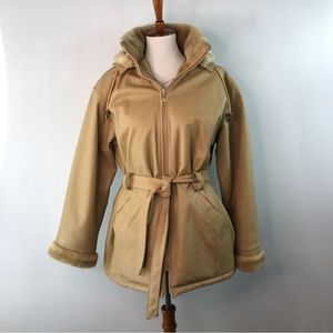 Wilda NYC USA Camel Leather Faux Fur Lined Belted Coat Size L